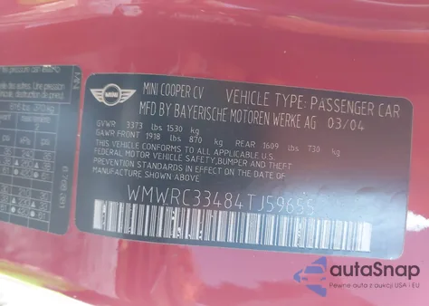 2004 Mini Cooper z USA, uszkodzony, nr VIN WMWRC33484TJ59655